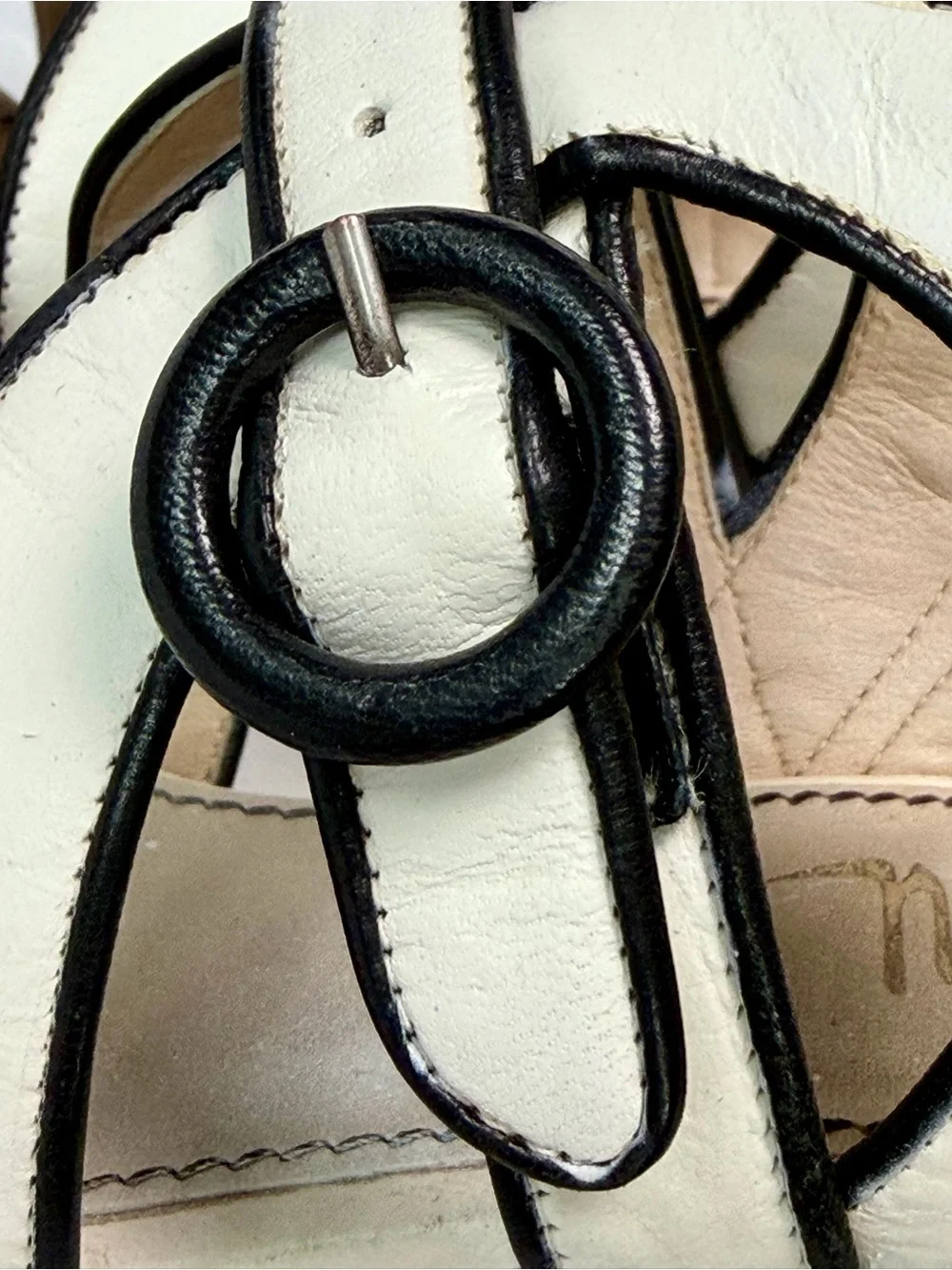 Jerome C Rousseau strappy leather high heels, buckle, black/white, EUC, 36.5